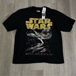 NEW Star Wars Black Tee with Gold and Red Accents X-Wing Tie Fighter Death Star
